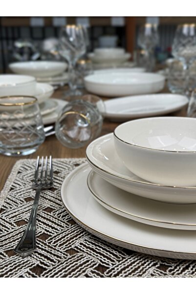 rubihome Lazzi Porselen Altın Gold Yaldızlı Krem 48 Parça 12 Kişilik Porselen...