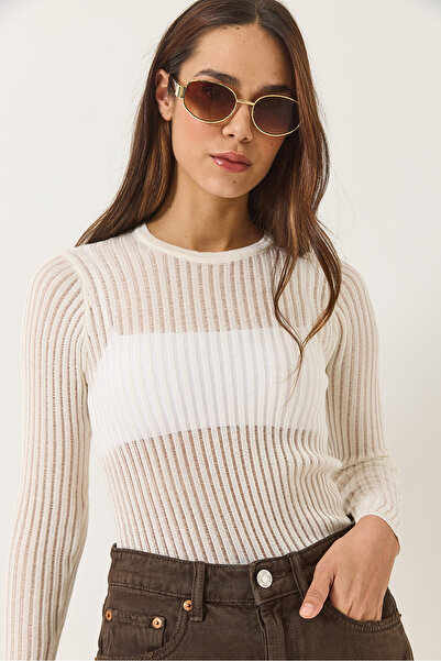 Bianco Lucci Women's Openwork Crew Neck Metallic Glitter Blouse 1031 60283144