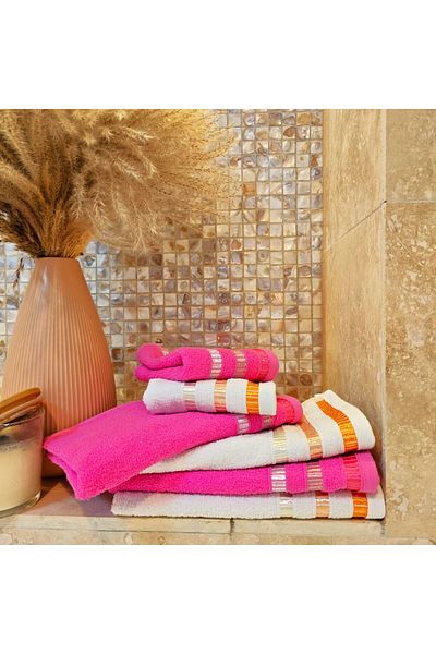 Kotonia Home Set of 6 Hand Towels - Pastel Ingie, 30x50 Cm, 100% Cotton, Fuchsia and White