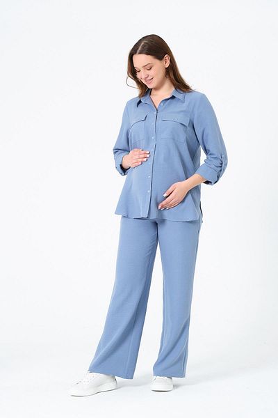 BUSA Pregnant Loose Wide Leg Adjustable Waist Shirt Set Indigo