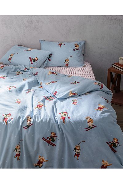 Madame Coco Fabienne Bear Flanell-Bettbezug-Set, 100 % Baumwolle, Einzelbett, Blau