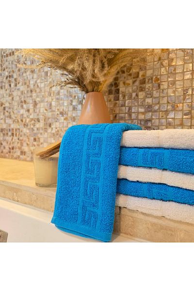 Kotonia Home Set of 6 Hand Towels - Greek Border, 30x50 Cm, 100% Cotton, Turquoise with White
