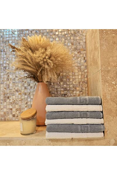Kotonia Home Set of 6 Hand Towels - Greek Border, 30x50 Cm, 100% Cotton, Grey and White