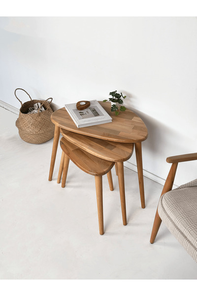 Fagus Wood 3'lü Zigon Sehpa %100 Organik Kayın Ağacı Fagus Wood