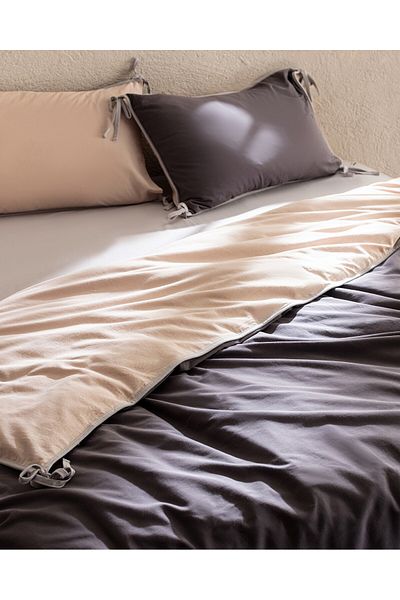 Madame Coco Aimon Bettwäsche-Set, Kingsize, 100 % gewaschene Baumwolle, zum Binden, Anthrazit/Beige