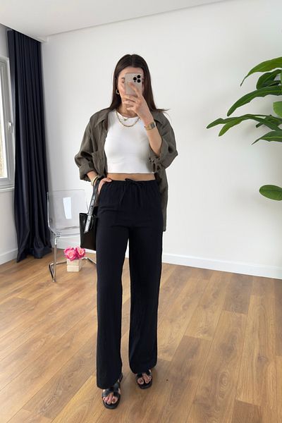 BİRCANÇİL Sevin Black Linen Tie Waist Trousers
