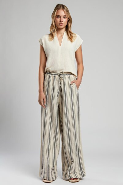 Lee Cooper Saige Yüksek Bel Geniş Paça Kesim Geniş Paça %100 Pamuk Çizgili Ka...