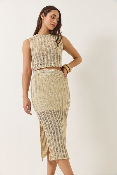 Bianco Lucci Women's Openwork Lined Skirt Crop Top Metallic Glitter Bottom-Top Set