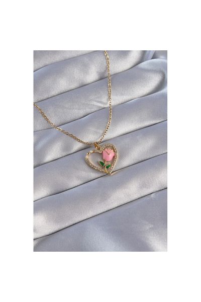 Skygo Gold Colored 316L Steel Zircon Stone Heart Rose Design Necklace - Tj-Bko8864