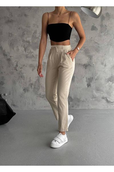 Leo Ferre Women's Raw Linen Elastic Waist Trousers