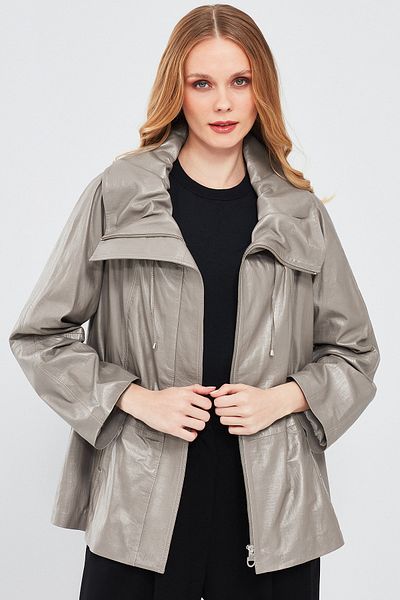 Derimod Felicita Women's Oversize Gray Leather Coat - Wide Collar 24sgd50891t