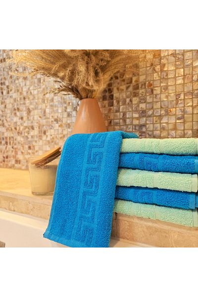 Kotonia Home Set of 6 Hand Towels - Greek Border, 30x50 Cm, 100% Cotton, Turquoise and Aqua