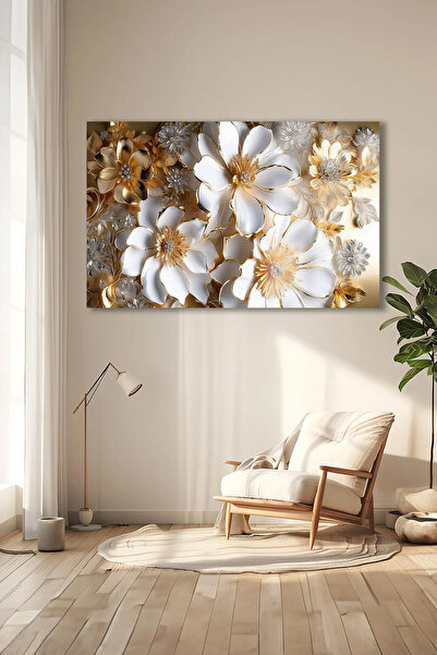 TAULART BEYAZ ALTIN GOLD DETAYLI YATAY ÇİÇEK KIRILMAZ LÜKS CAM TABLO OF İŞ YE...