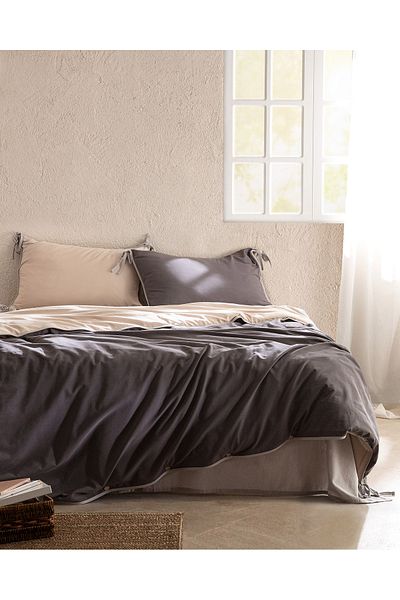 Madame Coco Aimon Bettwäsche-Set, Kingsize, 100 % gewaschene Baumwolle, zum Binden, Anthrazit/Beige