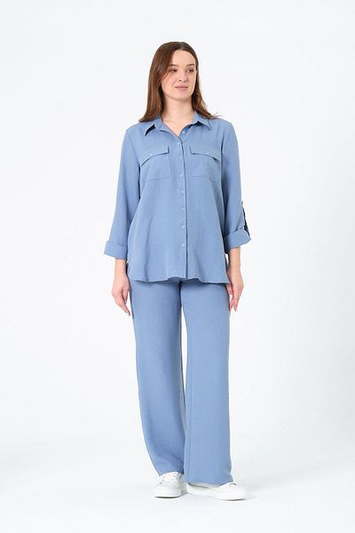 BUSA Pregnant Loose Wide Leg Adjustable Waist Shirt Set Indigo