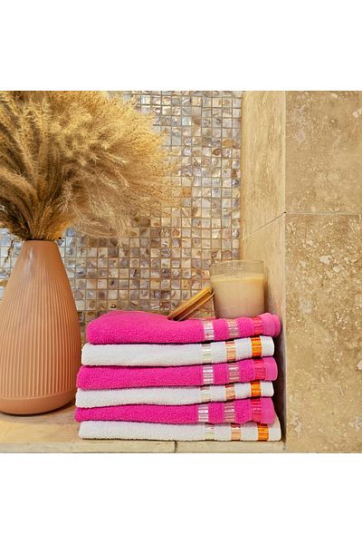 Kotonia Home Set of 6 Hand Towels - Pastel Ingie, 30x50 Cm, 100% Cotton, Fuchsia and White