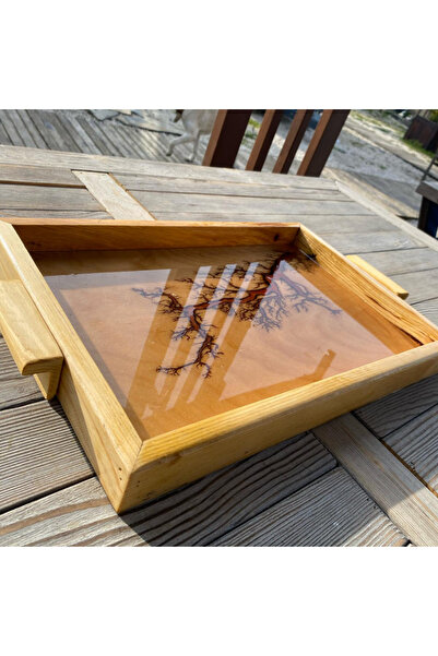movipazar Lichtenberg Desenli Epoksi Kaplamalı Ahşap Sunum Tepsisi (30x45 cm)