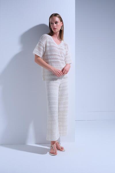 JOIN US Openwork Lined Ecru Trousers