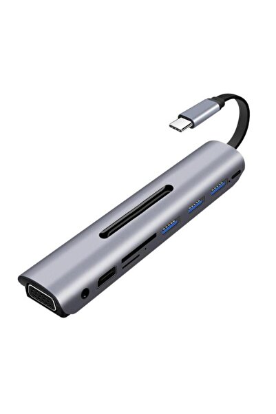 Techmaster Type-c 9in1 4k Hdmi Vga Micro Sd Tf Kulaklık 3 Usb Şarj Girişli