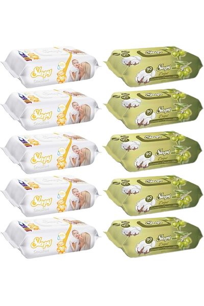 Sleepy Wet Towel Wipes 90 Sheets Mixed (Set of 10) Sensitive & Cotton-Olive Oil 900 Sheets