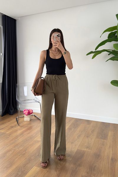 BİRCANÇİL Sevin Khaki Linen Tie Waist Trousers