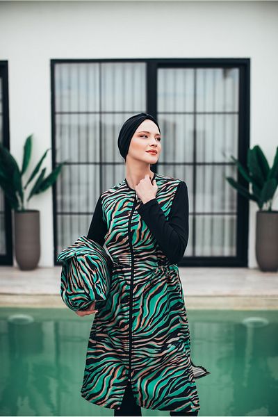 MASSMİZO Savanna Women's Long Green Patterned Zippered Full Covered Hijab Swimsuit Set of 3