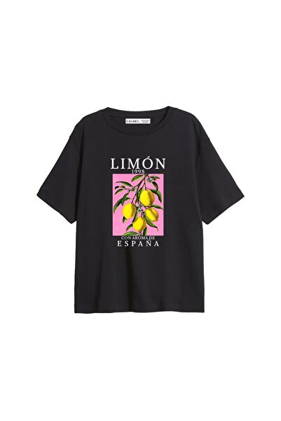 Bak Moda Tricou negru pentru femei, cu imprimeu Lemon Relaxed Fit