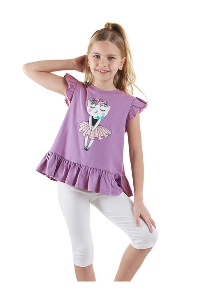 Denokids Floral Cat Girl Lila T-Shirt Leggings Set