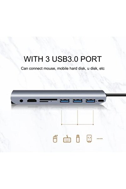 Techmaster Type-c 9in1 4k Hdmi Vga Micro Sd Tf Kulaklık 3 Usb Şarj Girişli