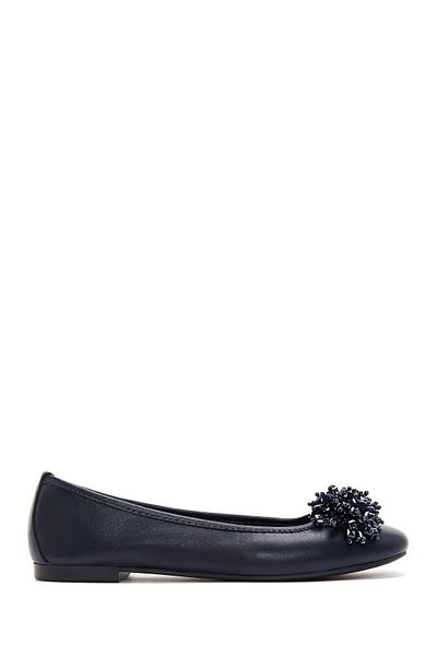 Derimod Navy Blue Stoned Women's Leather Ballerinas - 24sfd 270418