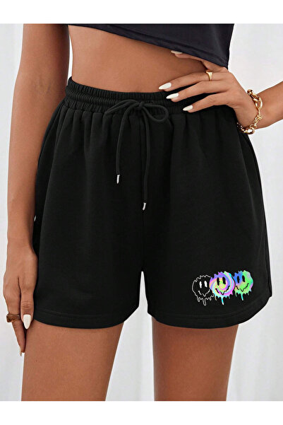 LAMASTRE Women's Black Color Smile Printed Shorts