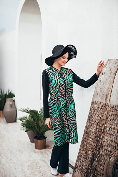 MASSMİZO Savanna Γυναικείο Σετ μαγιό Hijab με μακρύ πράσινο σχέδιο με φερμουάρ και κλειστό σετ 3 τεμαχίων