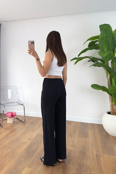 BİRCANÇİL Sevin Black Linen Tie Waist Trousers