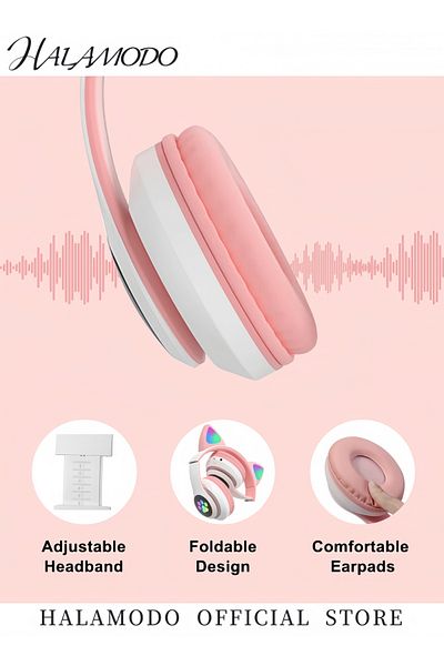 HALAMODO Kid's Bluetooth Wireless Headphones Cat Ear LED Light Up Bluetooth Foldable Headphones Adjust Headba