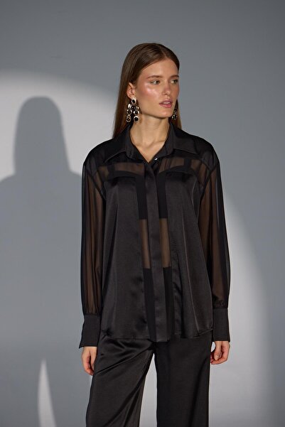 NOK İSTANBUL Whisper Touch Transparan Detaylı Gömlek Siyah