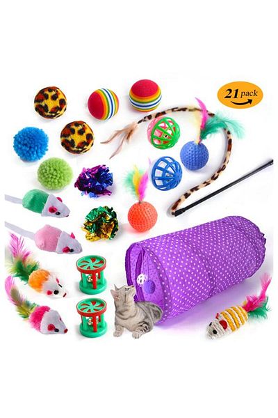 Glipet Purple Tunnel Cat Toy Set with Fishing Rod 21 Pieces