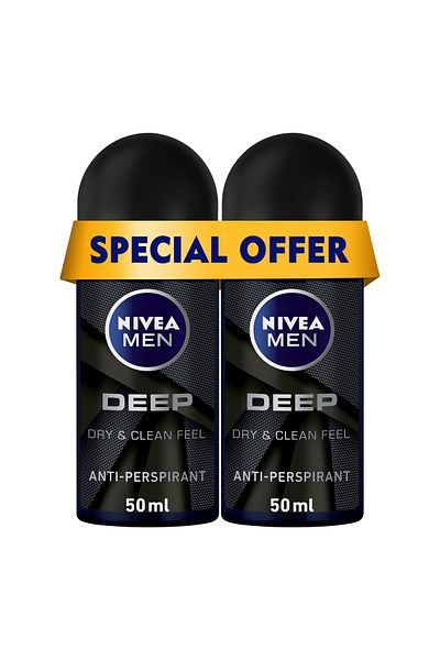 NIVEA MEN DEEP Black Carbon, Antiperspirant for Men, Antibacterial, Roll-on 50ml, Pack of 2