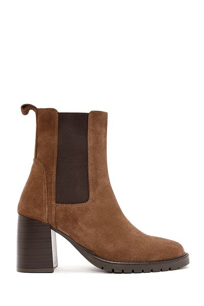 Derimod Women's Tan Thick Heeled Suede Leather Chelsea Boots 24Wfd 152110