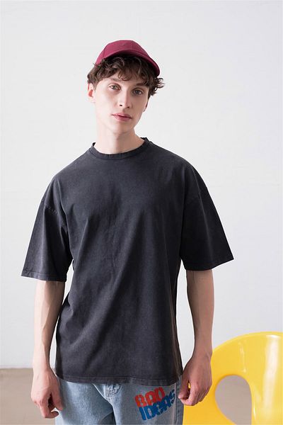 Trendiz Unisex Basic Washed Tshirt Ανθρακίτη