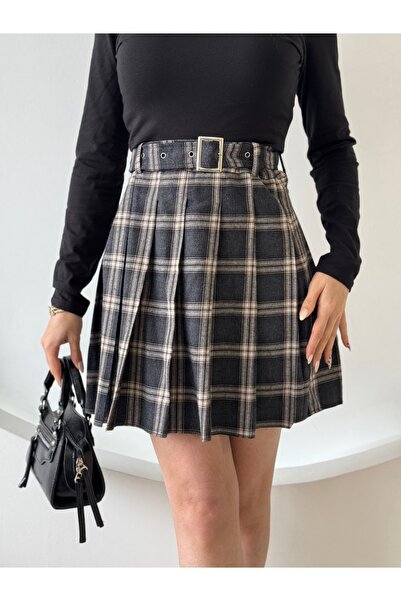 FEHUBLOOM Plaid Patterned Pleated Short Skirt