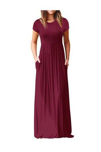 HALAMODO Casual Short Sleeve Pleated Flutter Swing Long Dress with Pockets, Women's Summer Pleated Dresses, W