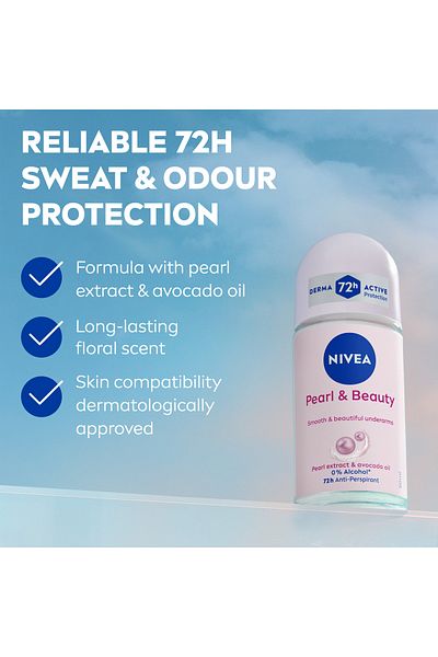 NIVEA Pearl & Beauty, Antiperspirant for Women, Pearl Extracts, Roll-on 50ml, Pack of 2