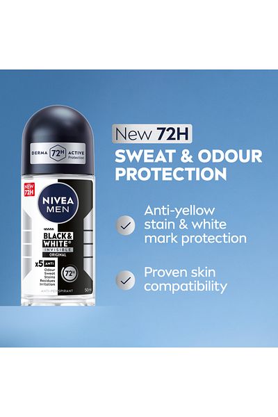 NIVEA مزيل عرق أصلي غير مرئي من MEN Black & White للرجال، رول أون، 50 مل، عبوة من قطعتين