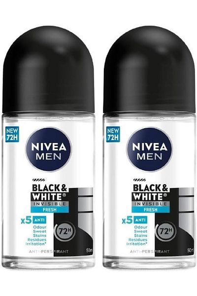 NIVEA MEN Black & White Invisible Fresh, Antiperspirant for Men, Roll-on 50ml, Pack of 2