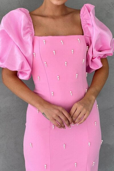 JANES Pink Embroidered Sleeve Garnished Dress