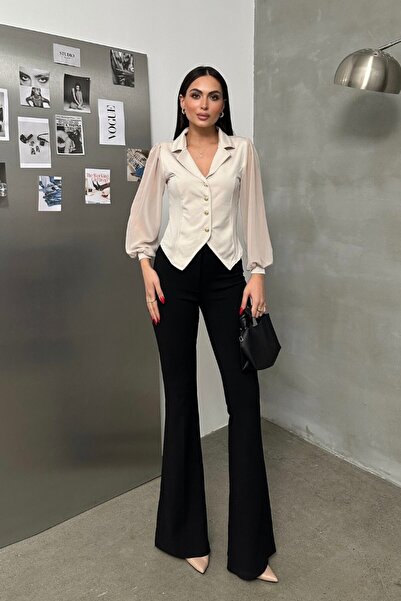 msm fashion Cămașă de damă, cu nasturi, cu mâneci lungi din tul, cu rever, cămașă cu talie