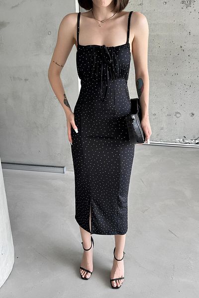 02Lady Fashion Strappy Slit Detail Polka Dot Midi Dress