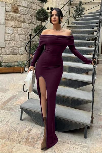 sportiness Madonna Collar Slit Long Dress Party Dress Evening Dress Homecoming Dress Maxi Dress