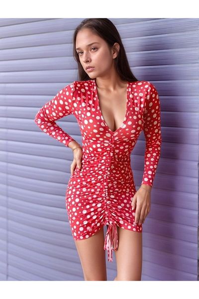 Kokosh moda Women's V Neck Front Elevator Drawstring Detail Deal Product Polka Dot Mini Dress