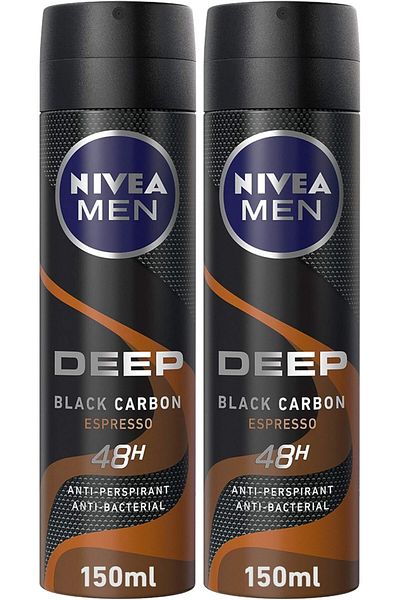NIVEA MEN DEEP Black Carbon Espresso, Antiperspirant for Men, Antibacterial, Spray 150ml, Pack of 2